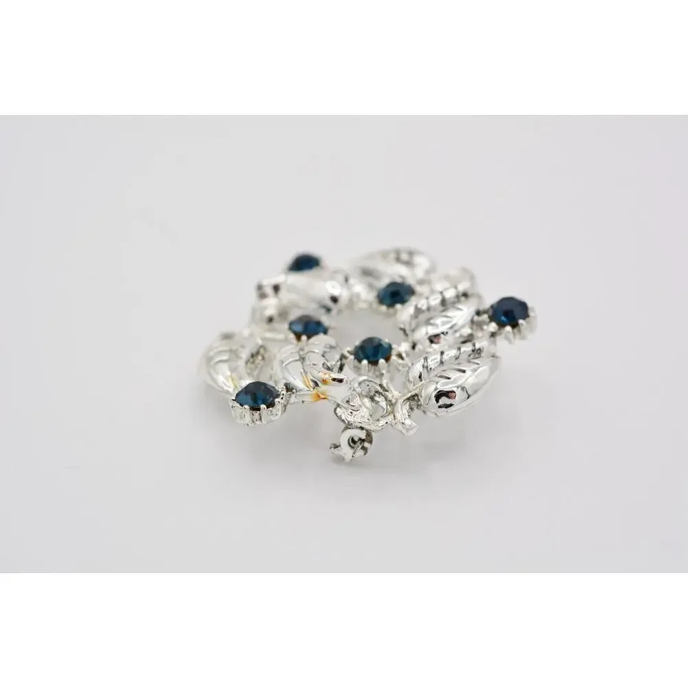 Vintage Crystal Leaf Wreath Pin Blue Rhinestone Silver Tone Heavy 1980s BinAT